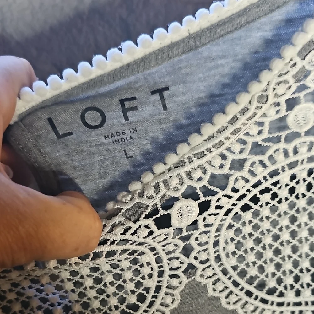 LOFT Gray Top with White Lace Detail - Picture 2 of 5